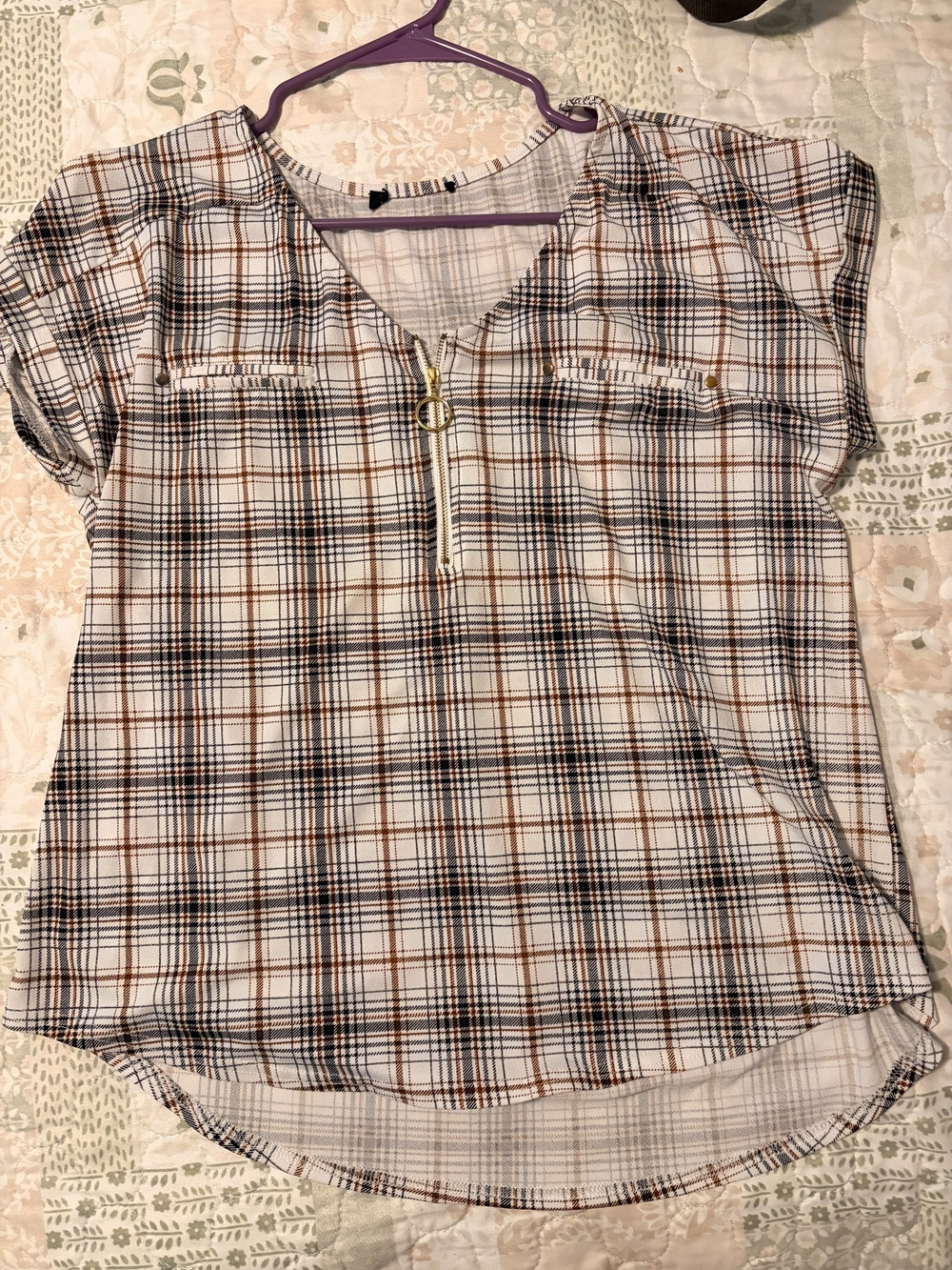 Women's Plaid Zip-Front Tunic Top in White and Brown